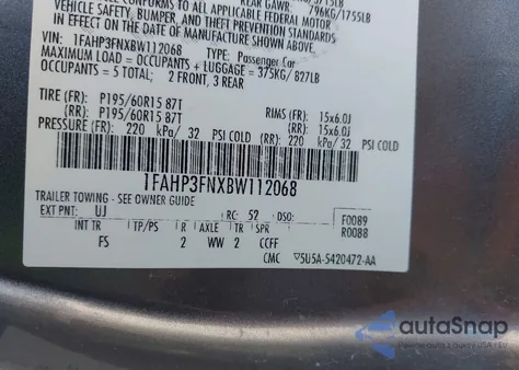 2011 Ford Focus Se z USA, uszkodzony, nr VIN 1FAHP3FNXBW112068